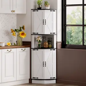 64.6" Farmhouse Corner Cabinet with LED Light, Tall Bathroom Cabinet with 4 Barn Doors and 5 Tier Shelves, Freestanding Corner Bar Cabinet with USB Ports & Outlets for Living Room, Kitchen, Bar