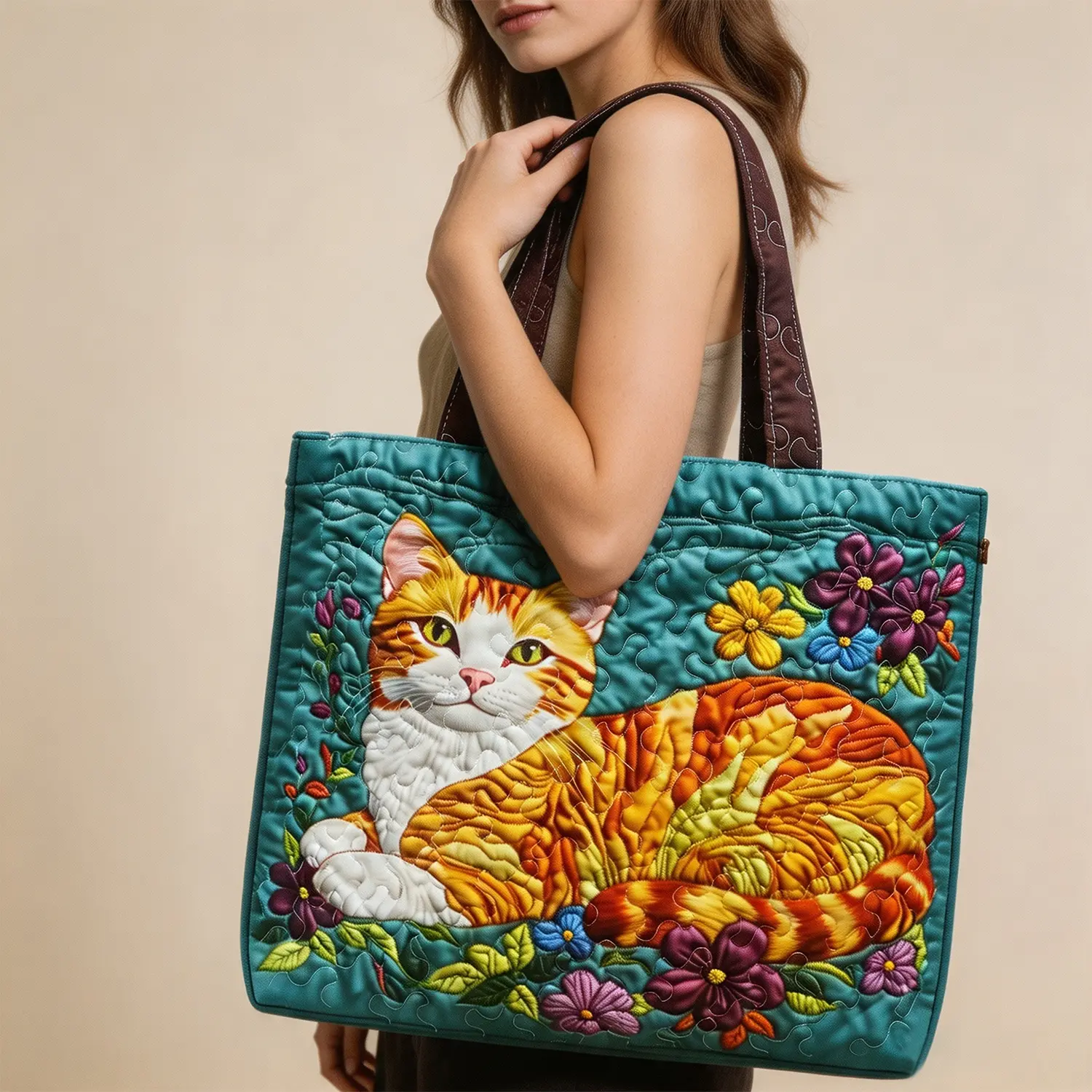 Quilted Tote Handbag - Cute Animal Cat Digital Printed Collapsible Lightweight Versatile Casual Everyday Bag, 20.87in L x 15.75in H Large Capacity Home Organizer Storage Bag for Travel Colorful