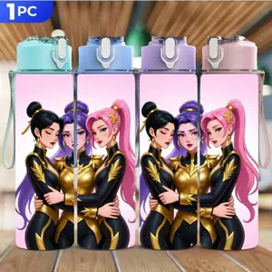 1pc 26oz water bottle with straw, available in multiple colors. Plastic sports water bottle with idol group pattern design on light pink background, flip-top lid, slim and portable body. A perfect combination of appearance and practicality.