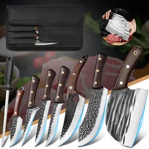 MDHAND 8Pcs Kitchen Chef Knife Set Professional, High Carbon Steel, Hand Forged Butcher Knife, Meat Cleaver Boning Knife Viking Knife, with Roll Bag, Best Gift