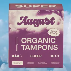 August Super Tampon Zero-Feel Organic Cotton Hypoallergenic & Unscented 16 Count Long BPA-Free Plastic Applicator 9-12 mL Absorbency