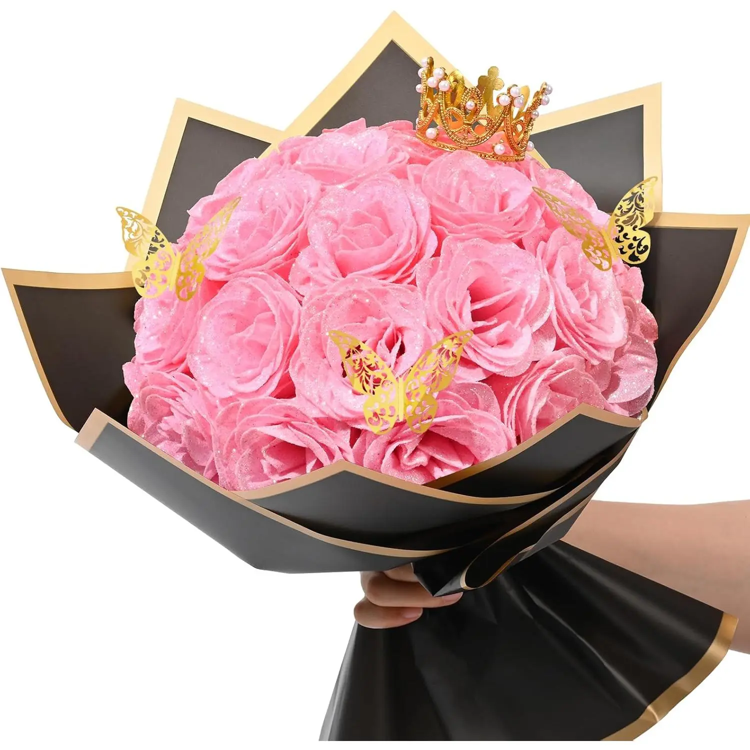 Pink Glitter Roses Bouquet, DIY   Bouquet, Everlasting Shiny Artificial Rose Bouquet for Valentine's Day, Anniversary, Engagement, Wedding, 24 Roses
