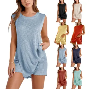 Naeduo Women's Summer Knit Set | Coastal Grandma Beach 2-Piece Outfit | Sleeveless Pullover Top Quick-Dry Shorts | Vacation Matching Sets & Y2K Surf Style Soft Womenswear | Breathable Crew Neck Pajama Clothes Suits Fabric Gamis Basic Black