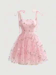 Pink Floral Print Retro Style Dress With Bowknot Belt,Floral Dress,Spring/Summer Outfits, Party , Holidays, Birthday,Festival,Wedding Garden Party Dresses Floral Formal Wear, Pink Dress ,Spring/Summer Outfits,