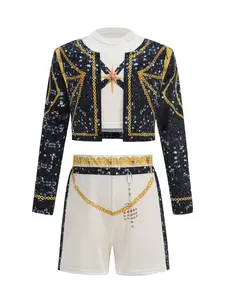 3pcs Kids Fashion Performance Set, Sequined Long Sleeve Jacket, Chain Pattern Shorts, High Neck Innerwear, Party & Festival Wear, Clothing Sets