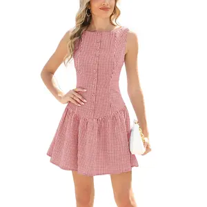UANEO Womens Plaid Mini Dress Sleeveless Boat Neck Backless Drop Waist Zipper Back Pleated Dress Crewneck Casual summer outfits sundress
