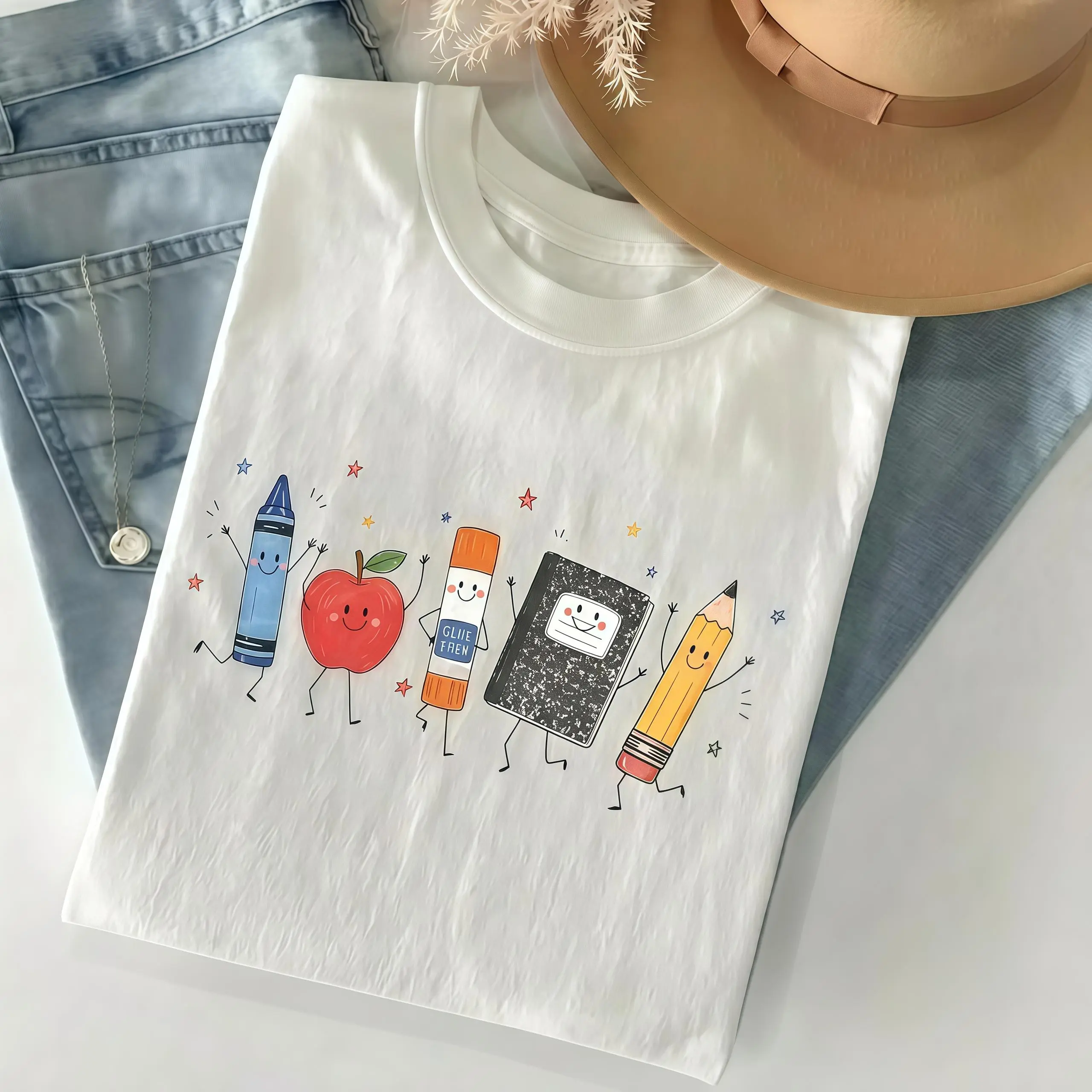 Cute School Supplies Heritage Graphic Tee, Aesthetic Back To School Spirit Shirt, Radiant Teacher Crayon Apple Pencil Notebook Top, Thoughtful Classroom Sublimation Gift Boutique Casual Cotton Menswear Crew Neck T-shirt Womenswear Streetwear Tshirt
