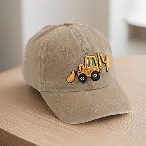 Toddler Baseball Cap Embroidery Excavator Adjustable Cotton Washed Vintage Cowboy Hat for Boys Girls Age 2-8
