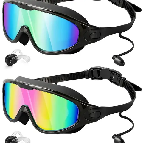 Rantizon 2-Pack Adults & Youth Eye-Friendly Swimming Goggles, Silicone Waterproof Sealed Leakproof Wide View Anti-Fog UV-Protective Glasses with Nose Cover for Outdoor Water Sports