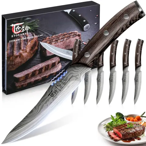 SYOKAMI Kitchenware Thick 6-Piece 4.8in Modern Non-Serrated Wooden Handle Steak Knives Set, High-Carbon Stainless Steel Blades, Full Tang, Ergonomic Shape for Long Cuts, Razor-Sharp Cutting Utensils, Gift Box for Wedding/Birthday