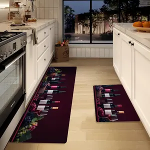Wine & Tall Glass Pattern Kitchen Mat, 2 Counts/set Non-slip Kitchen Rug, Decorative Floor Mat for Home Kitchen Living Room Laundry Entrance
