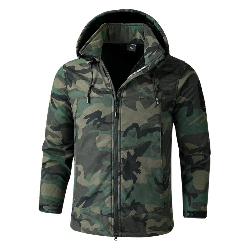 Men's Tactical Camouflage Fleece Coat - Windproof, Thermal, Adjustable Hood, Reflective Details, Radio Port, Zippers, Abrasion-Resistant, Chin Guard System, Long Sleeve Polyester Utility Workwear for Outdoors, Menswear Clothes