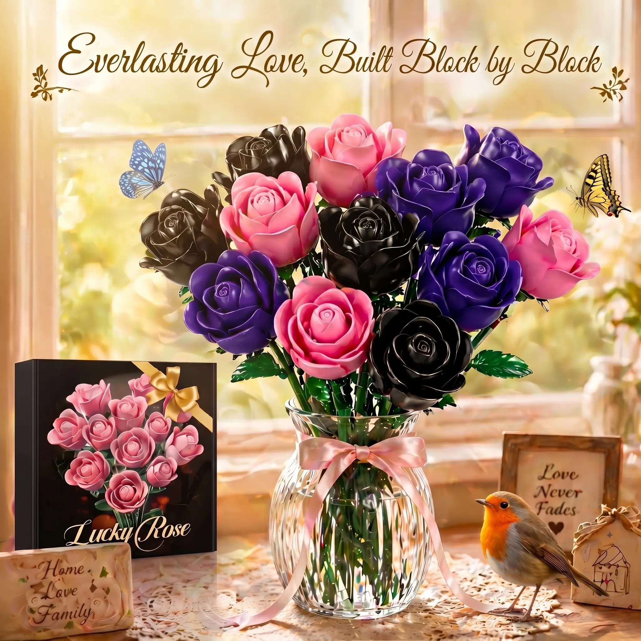 12-Stem Pink Rose Building Blocks Bouquet, Unisex Adults Decorative Pink Floral Art Kit - All Seasons Fun Display Project, Romantic Indoor Home Decor Valentine's Day Gift