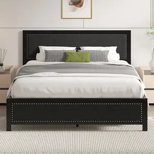 VECELO Bed Frame with Upholstered Linen Nailhead Trim Headboard Footboard Twin Full Queen Size Platform Metal Slat Support No Box Spring Needed Easy Assembly Black Gray Bedroom Furniture
