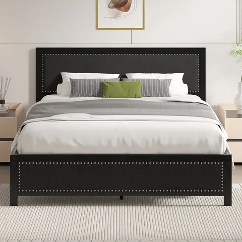 VECELO Modern Metal & Linen Upholstered Platform Bed Frame with Nailhead Trim Headboard-Footboard, 660lb Sturdy Metal Slat Support, No Box Spring Needed, Easy Assembly, Black-Gray Twin/Full/Queen Bedroom Furniture