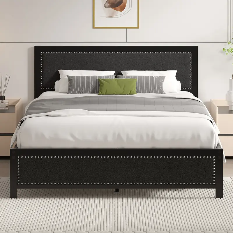 VECELO Modern Metal & Linen Upholstered Platform Bed Frame with Nailhead Trim Headboard-Footboard, 660lb Sturdy Metal Slat Support, No Box Spring Needed, Easy Assembly, Black-Gray Twin/Full/Queen Bedroom Furniture