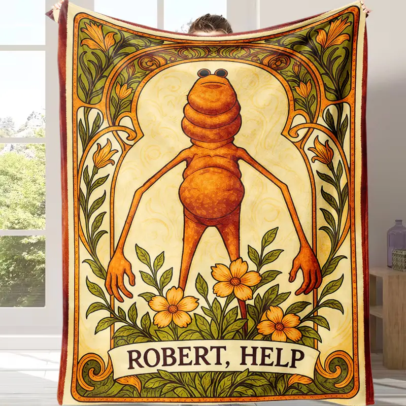 Robert Help Blanket, Robert Help Meme Fleece Throw Blanket, Art Nouveau Floral Weird Creature Blanket For Sofa Bed Nap Daily Use, Vintage Home Decor Plush Throw Blanket, Birthday Holiday Gift For Meme Fans Weird Art Lovers Collect
