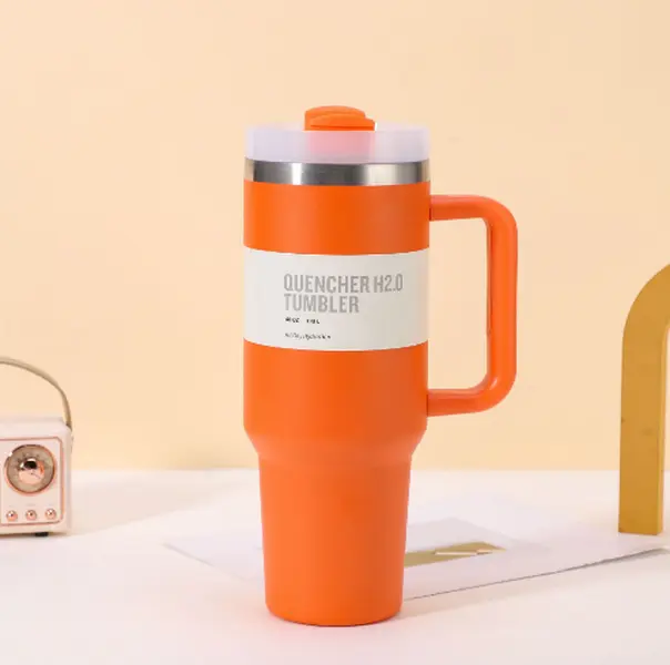 40oz Tumbler with Handle, Straw, Lid, Stainless Steel Vacuum Insulated Water Bottle Adventure Travel Mug Quencher for Iced Coffee, Hot and Cold Tea, Beverage（Orange）