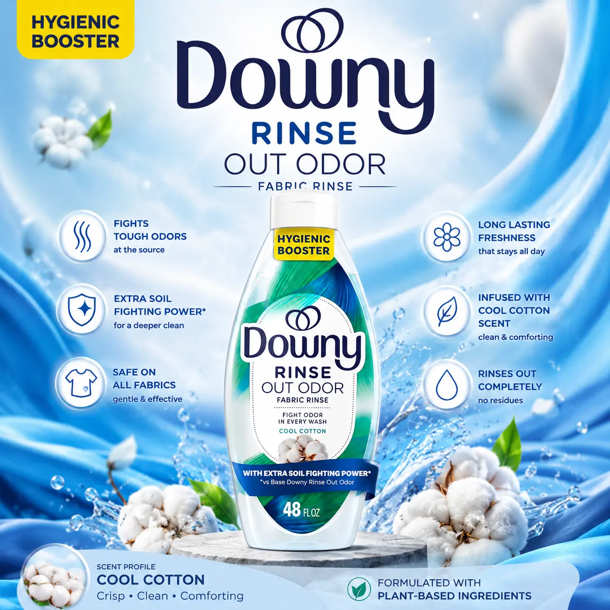 Downy Rinse Laundry Odor Remover, Cool Cotton Scent, 48 fl oz, Fabric Softener And Laundry Odor Removal Rinse, Fights Odors At The Source, HE Compatible