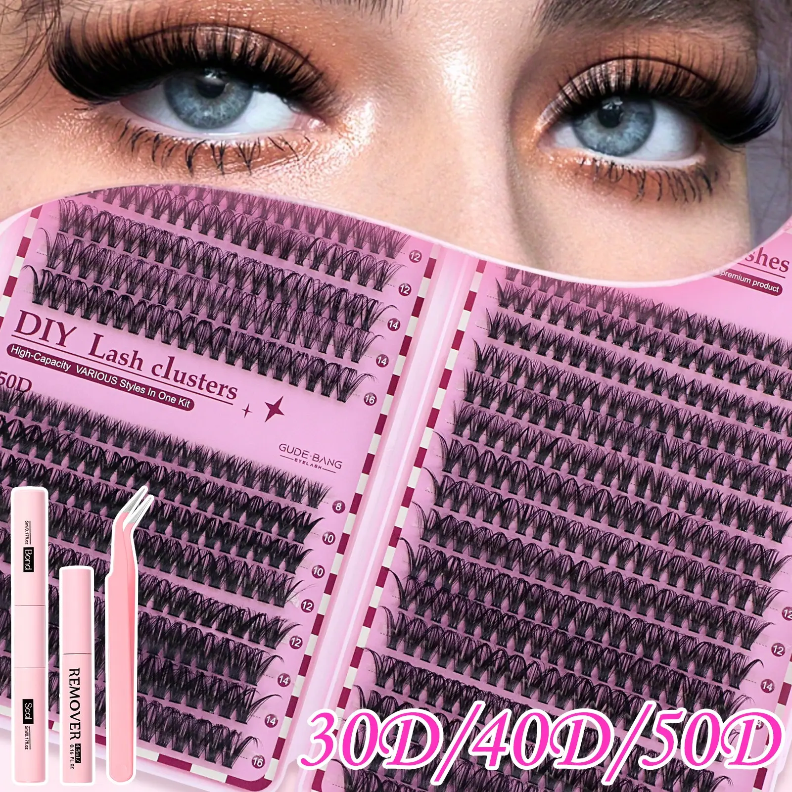 640 pieces, 30D/40D/50D, high capacity, false eyelash extension kit, DIY Eyelash Extensions, DIY Eyelash Clusters, standalone cluster kit, D-curled, includes adhesive, sealant & application tools, False Eyelashes Extension