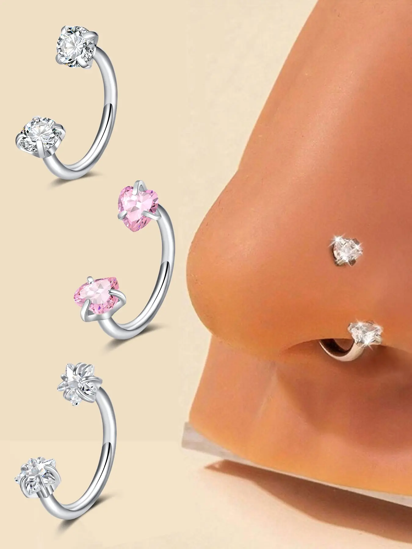 Trendy Versatile Stainless Steel CZ-Inlaid Nose Rings Set for Women and Men, Fashion Body Jewelry for Parties and Everyday Wear, Exquisite Jewelry Gift, Nose Piercing Jewelry