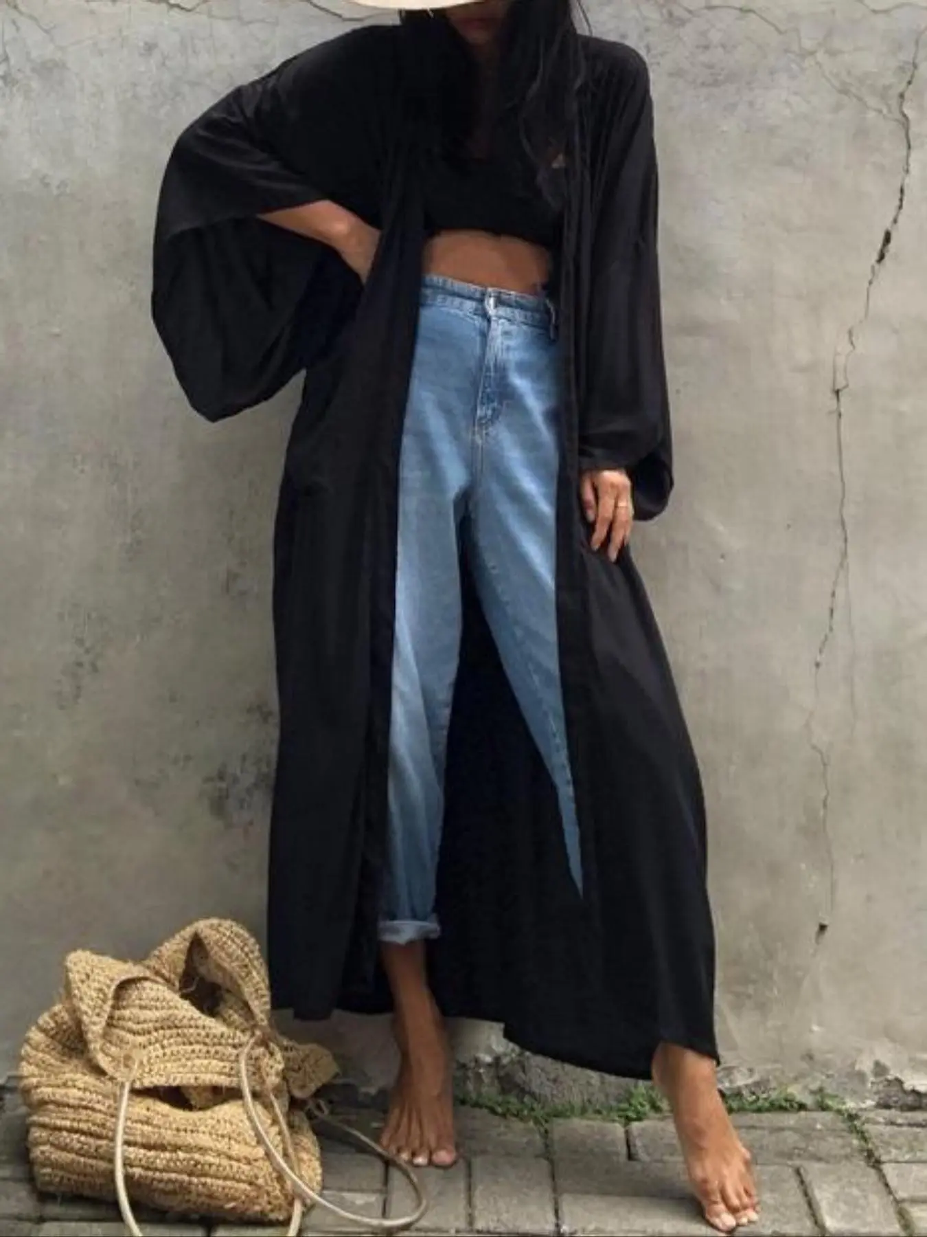 Women's Solid Color Minimalist Basic Loose Open Front Kimono, Casual Long Sleeve Cover Up for Beach Vacation, Ladies Clothes for All Seasons, Womenswear
