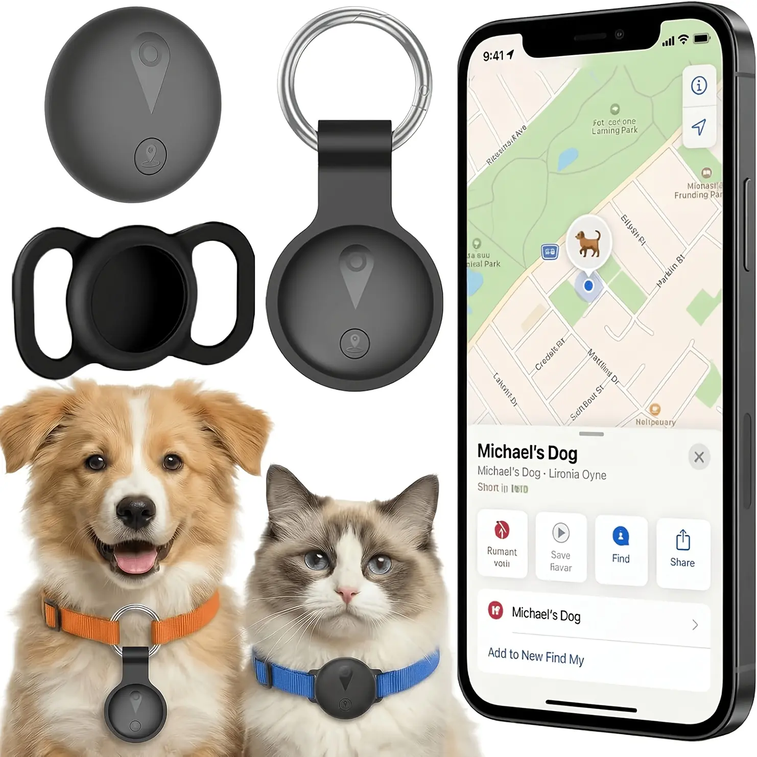 Pet Tracker - Includes Silicone Pet Collar Holder, Real-time Smart Collar, Compatible With IOS Finder Function, No Monthly Fee/no SIM Card Required, Anti-loss Device, Suitable For Pet, Suitcase, Etc, Replaceable CR2032 Battery (12-month Battery Life)