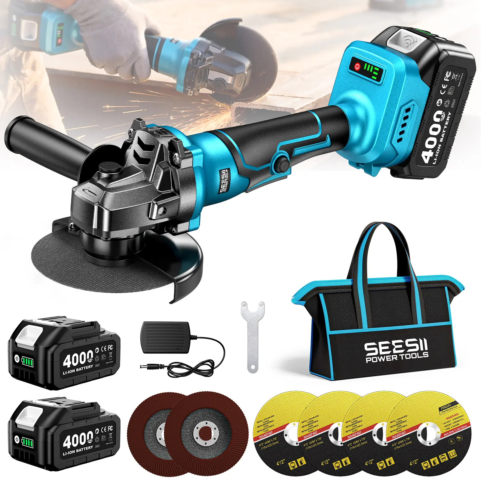SEESII Cordless Angle Grinder Kit with 2x4.0Ah Batteries, 10000RPM Brushless Electric Metal Grinder w/ 4-1/2" Cutting Wheel, Flap Wheel, and Wool Carving Wheel for Precision Cutting & Grinding toolupgrade