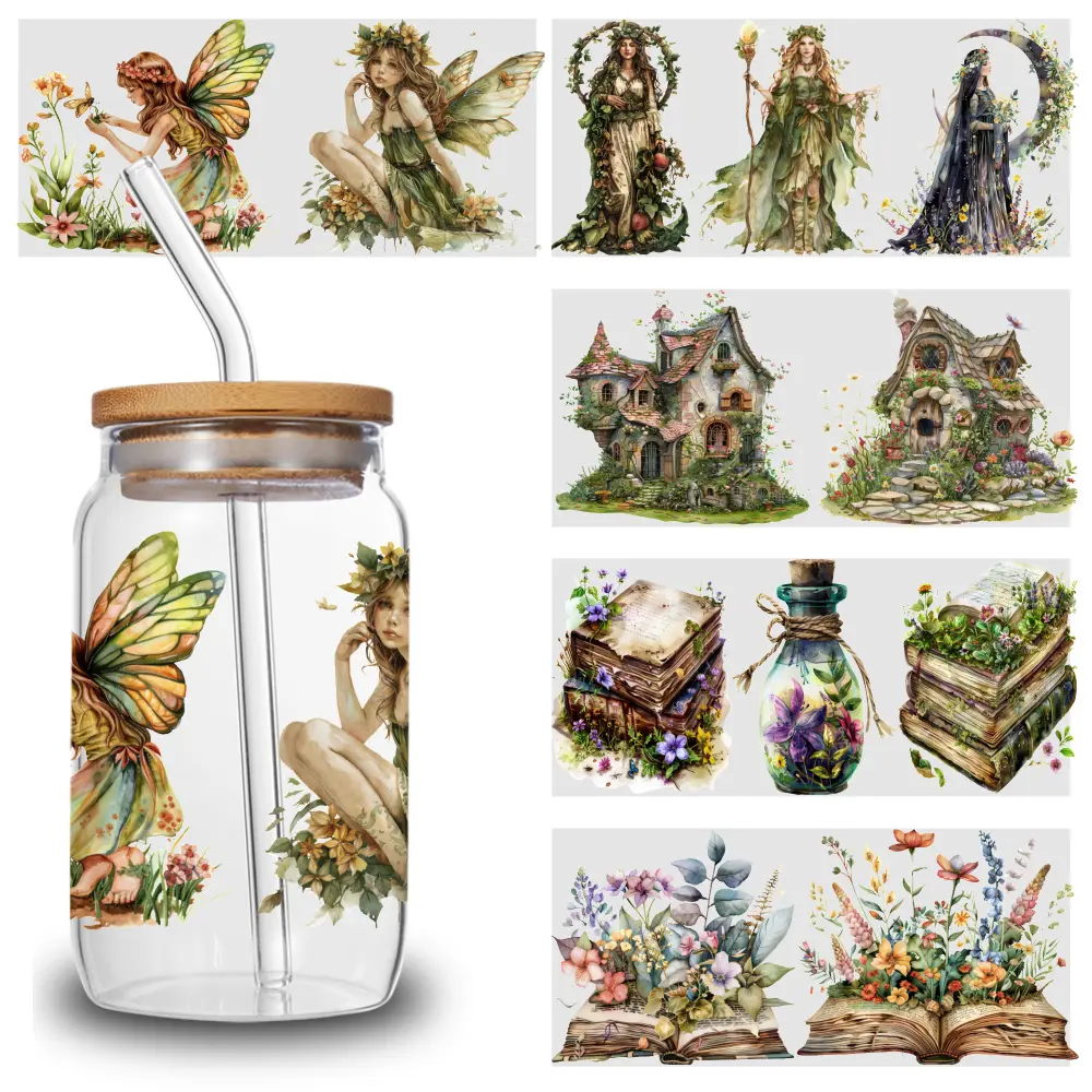 5 Sheets Fairy Garden UV  Stickers Faithful Symbols Inspiring Designs Waterproof Rub on  Designs Valentine Unicorn film   dtf heat  sticker Transfer Bear Iron-On Wrap Cup Mug