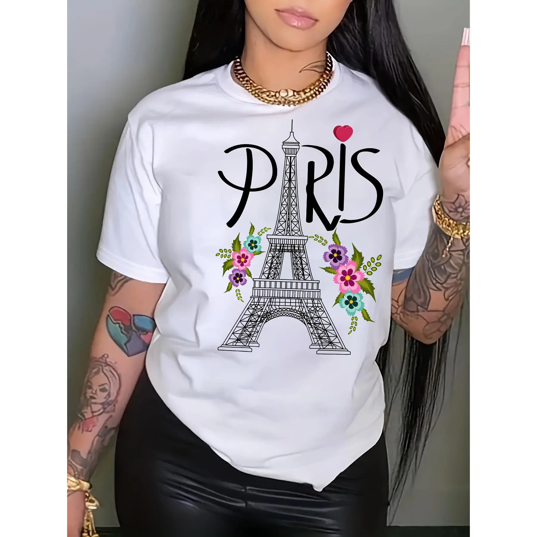 Summer/ Spring women's clothing, Paris Eiffel Tower printed T-shirt, short-sleeved crew neck casual top