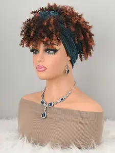 Ombre Curly Wig with Glitter Headwrap, Synthetic Hair, Easy Wear Turban Style, Straight Bob Wigs, All Seasons