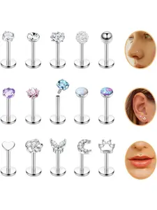 15PCS 16G 18G Stainless Steel Lip Studs for Women Internally Threaded Labret Lip Ring CZ Opal Flat Back Nose Rings Stud Cartilage Helix Tragus Earrings Piercing Nose Piercing Jewelry