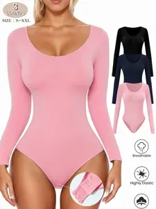 1/3 piece set of new seamless women's ribbed round neck elastic long sleeved base jumpsuit - shaping tight abdominal control, multiple wearing styles, multiple sizes to choose from (S-XXL), perfect soft and comfortable fit jumpsuit
