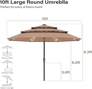 10 ft Patio Pool Umbrella with 32   LED Solar Lights   3 Tier Ventilated Market Umbrella UV-Resistant Outdoor Table Umbrella with Tilt and Crank for Backyard Deck Garden and Beach Cover
