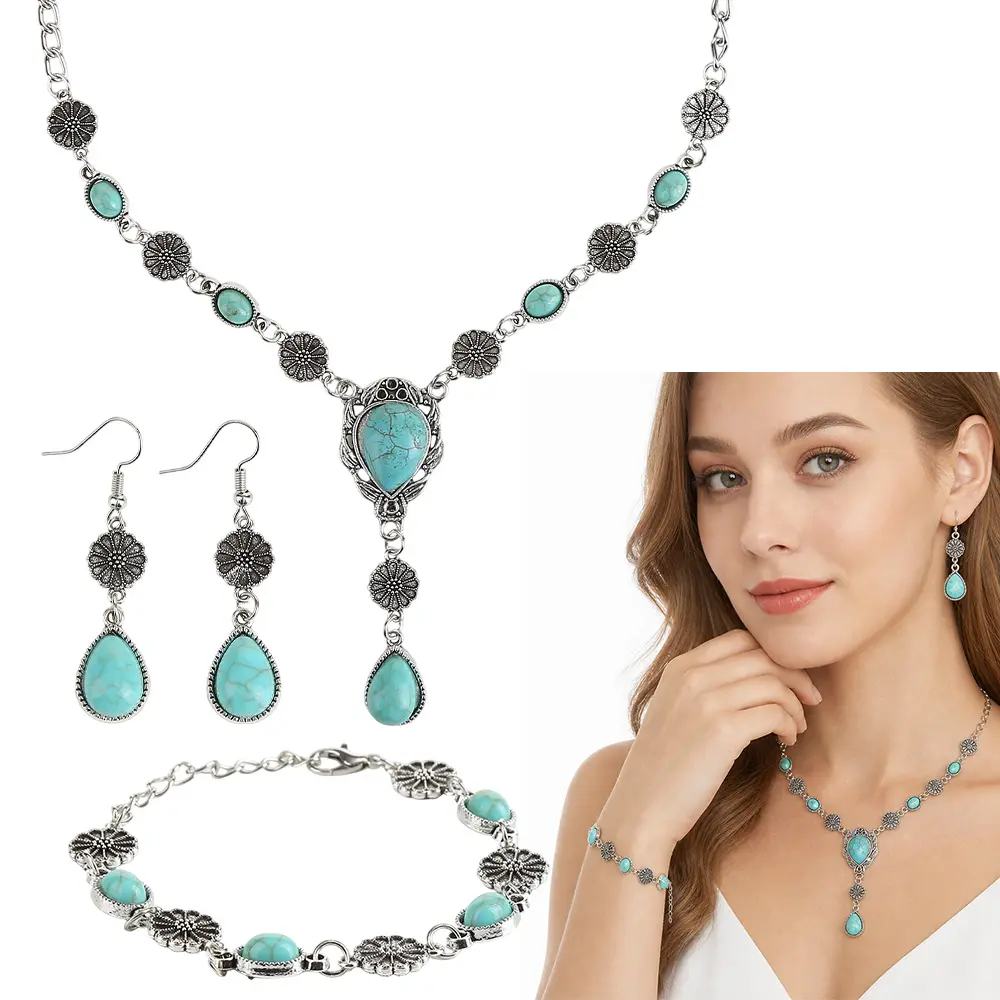 Bohemian Turquoise Bracelet Necklace Earrings Jewelry Set for Women, Vintage Silver Chain Hand Boho Blue Bead Western Style Wrist Ring Gypsy Festival Jewelry Gift