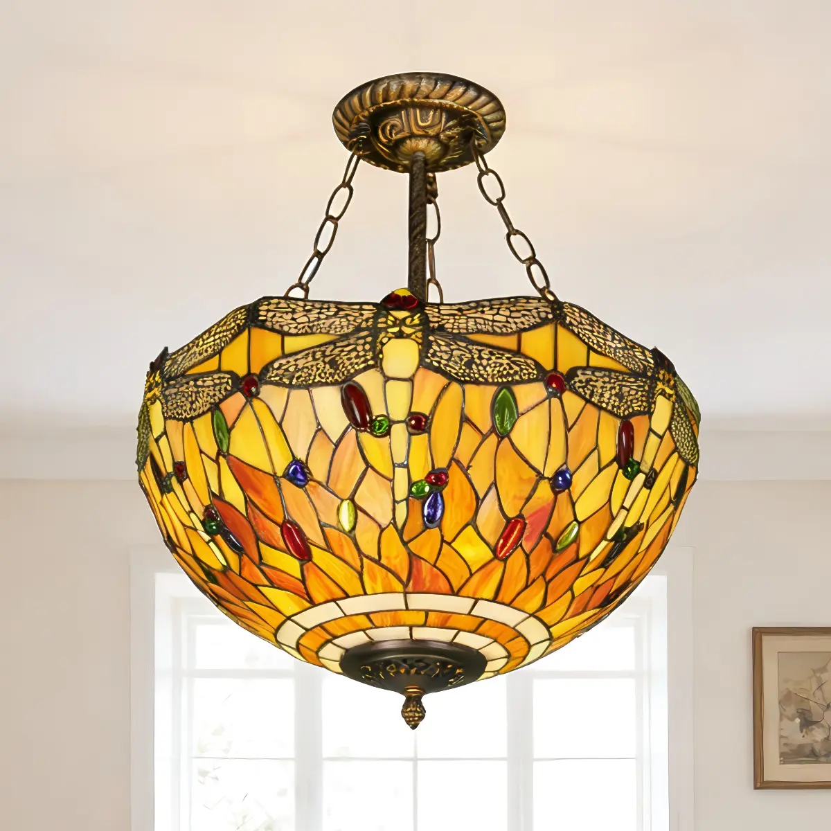 16-Inch Tiffany Dragonfly Stained Glass Chandelier, 3-Light Antique Bronze Pendant Light with E26 Bulbs for Dining Room, Bedroom, Living Room & Kitchen