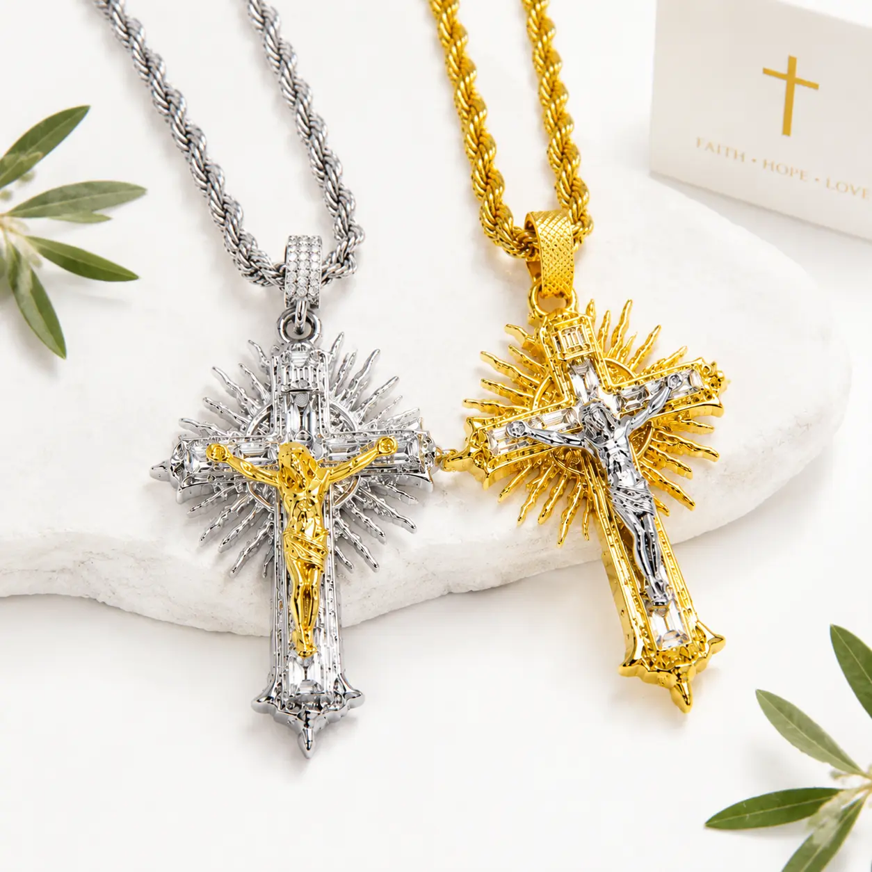 Elegant Cross Necklace with Gold and Silver Finish Faith Hope Love Design for Men and Women Vintage Two Tone Crucifix Necklace for Men and Women, Faith Inspired Jewelry Gift
