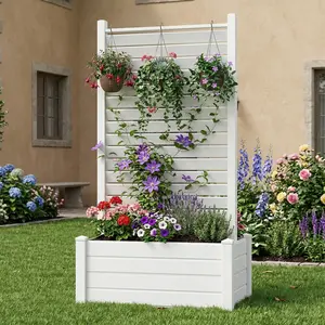 【Summervibes】Lilypelle No-Dig PVC Privacy Fence Screen, 3 Styles Horizontal Slatted/Solid/Planter Trellis, Weatherproof Outdoor Privacy Screen for Trash Can AC Unit Patio Garden, White