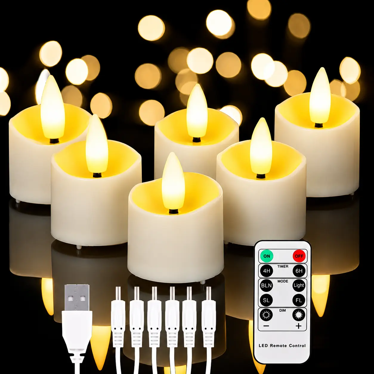 6PCS Rechargeable Flameless LED Candler Lights with Remote Control, 2/4/6/8H Timer, USB Cable, Adjustable Brightness, Automatic Power Off - Bright and Soothing Indoor LED Lights for Home Festive Decor, Cozy Glow