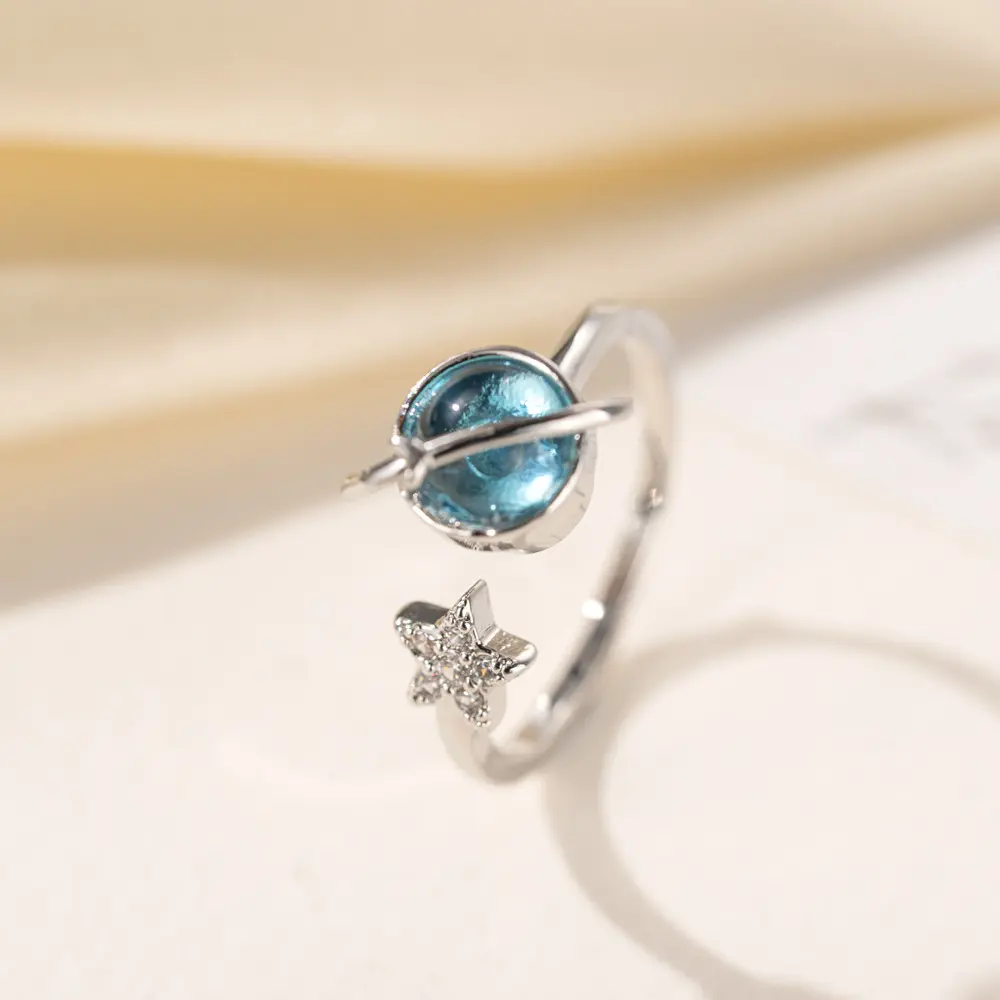 Women's Silver-Plated Rotatable Saturn Fidget Spinner Ring - Adjustable Size Open Band, Blue Synthetic Simulated Coloured Gemstone Star, Anxiety Relief Female Costume Jewelry Trendy Gift