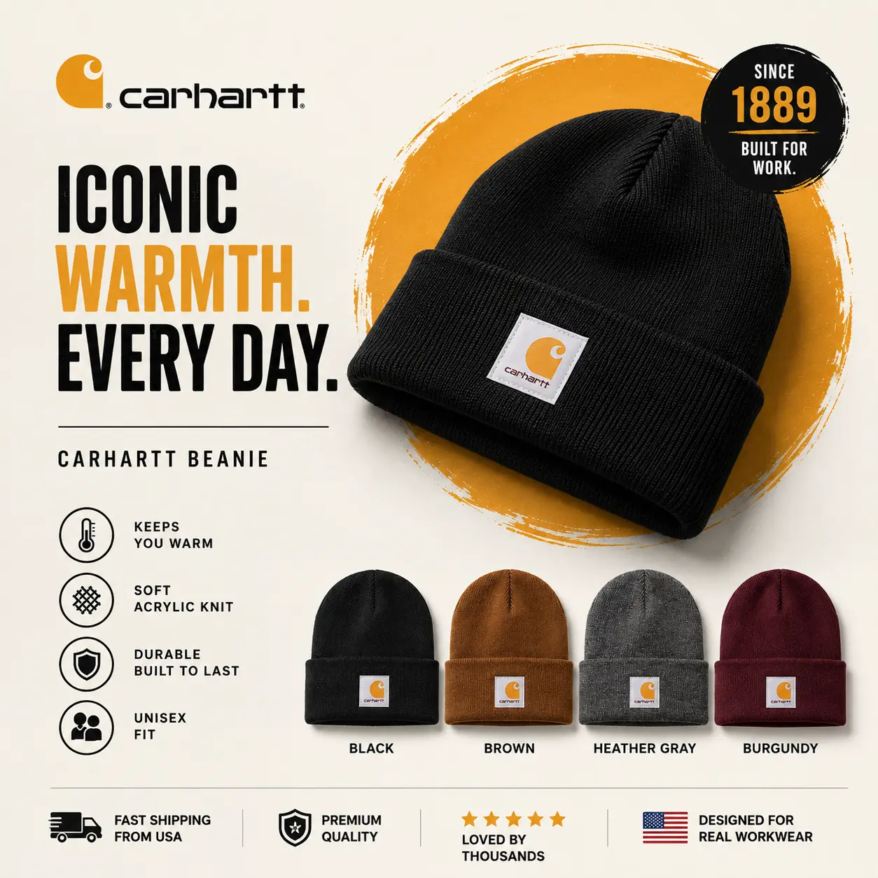 Carhartt Ribbed Knit Beanie Winter Hat Unisex Soft Stretch Cuffed Skull Cap Warm Watch Hat Brown Gray Black Streetwear Fashion Outdoor Sports Ski Snow Travel Casual Daily Wear TikTok Viral Cozy Winter Accessory