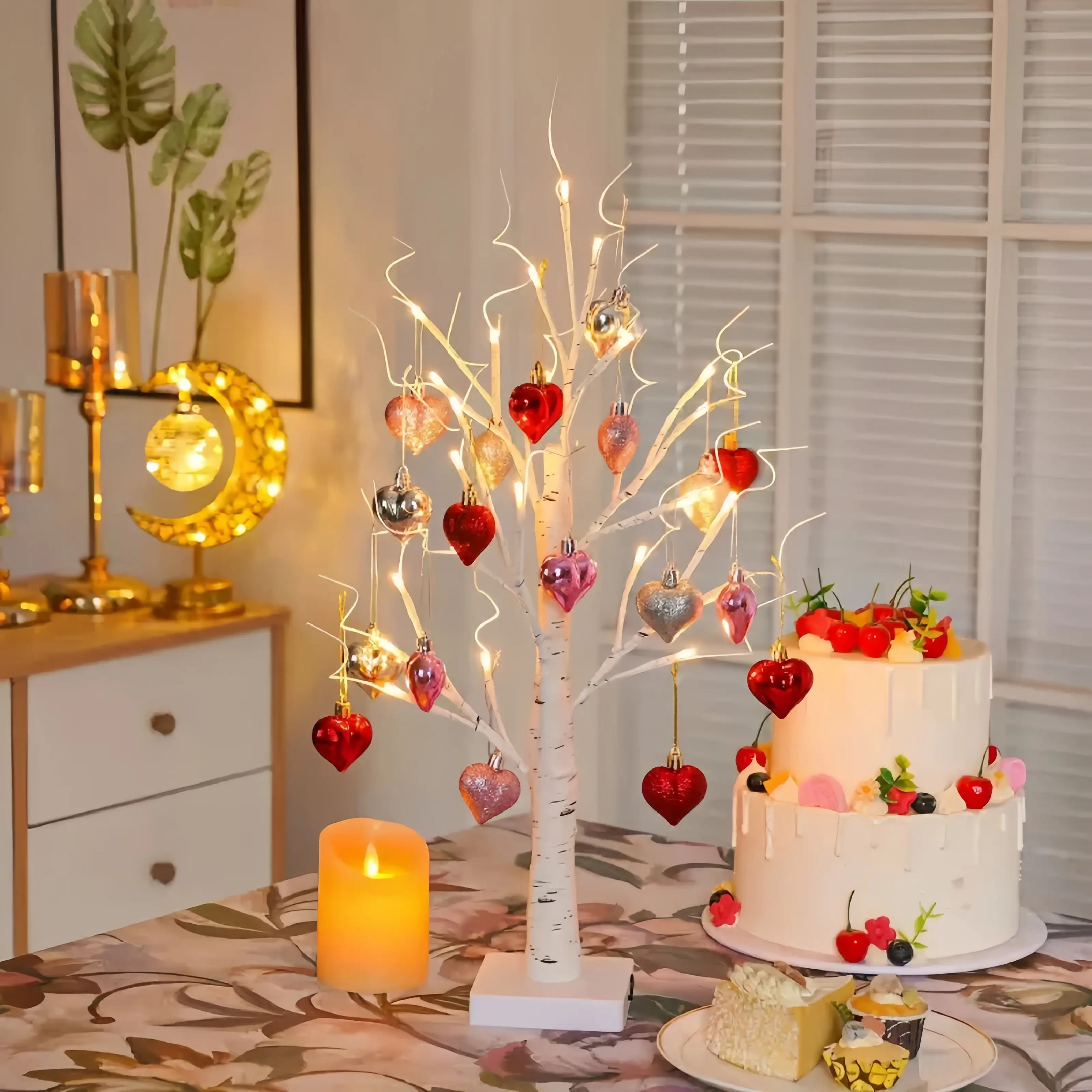 Set of 1, DIY-style heart-shaped birch tree lamp with 24 heart-shaped pendants—perfect as a bedside lamp for the bedroom, an ideal Mother’s Day gift, and a great choice for birthday, engagement, and wedding decorations, Decorative Lights, Light Up Your Sp