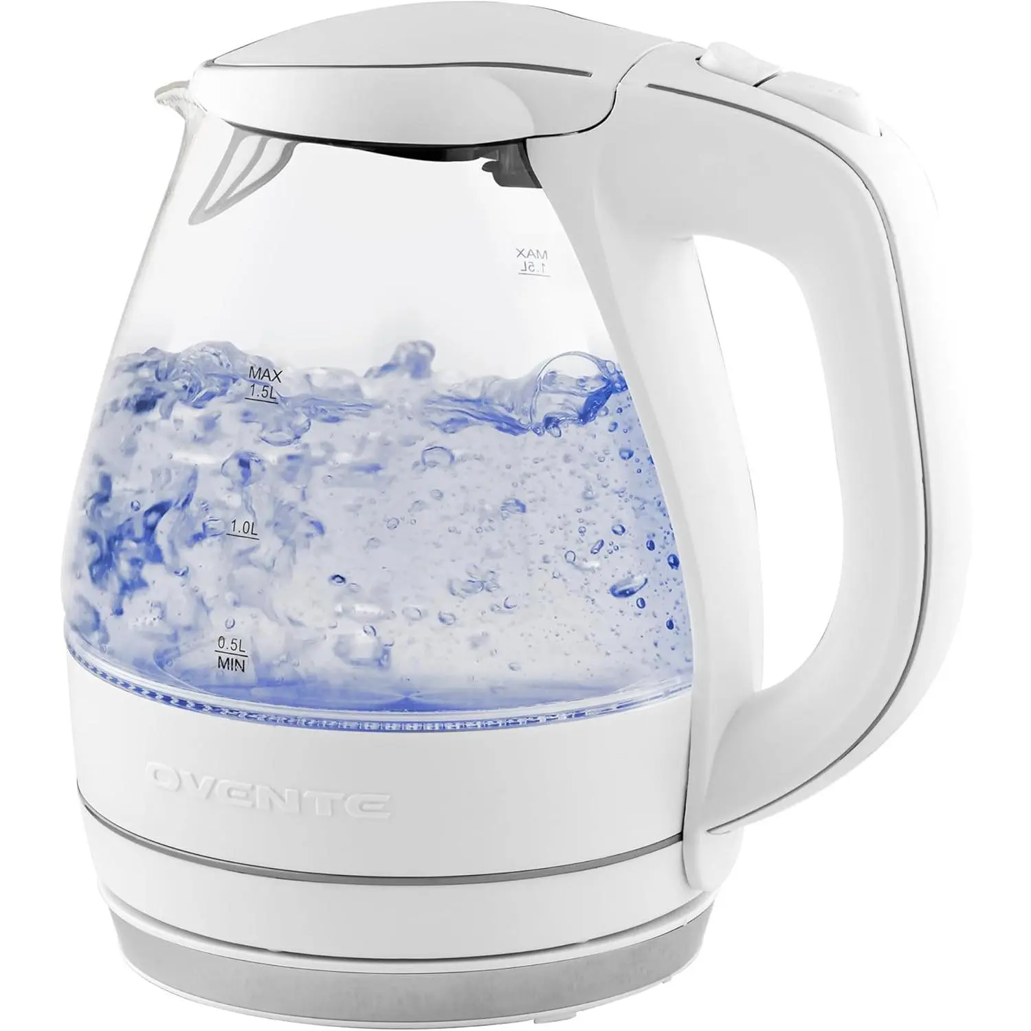 OVENTE Electric Kettle, 1.5L Borosilicate Glass Countertop Water Heater and Boiler for Coffee or Tea, BPA-Free, Auto Shut-Off, Boil-Dry Protection, Removable and Washable Spout Filter, White KG83W