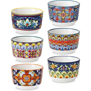 6 Oz Ramekins Oven Safe Set of 6, Bohemian Creme Brulee Ramekins, Colorful Souffle Dishes, Pudding Custard Cups for Baking, Small Ceramic Bowls for Dipping Sauce, Ice Cream
