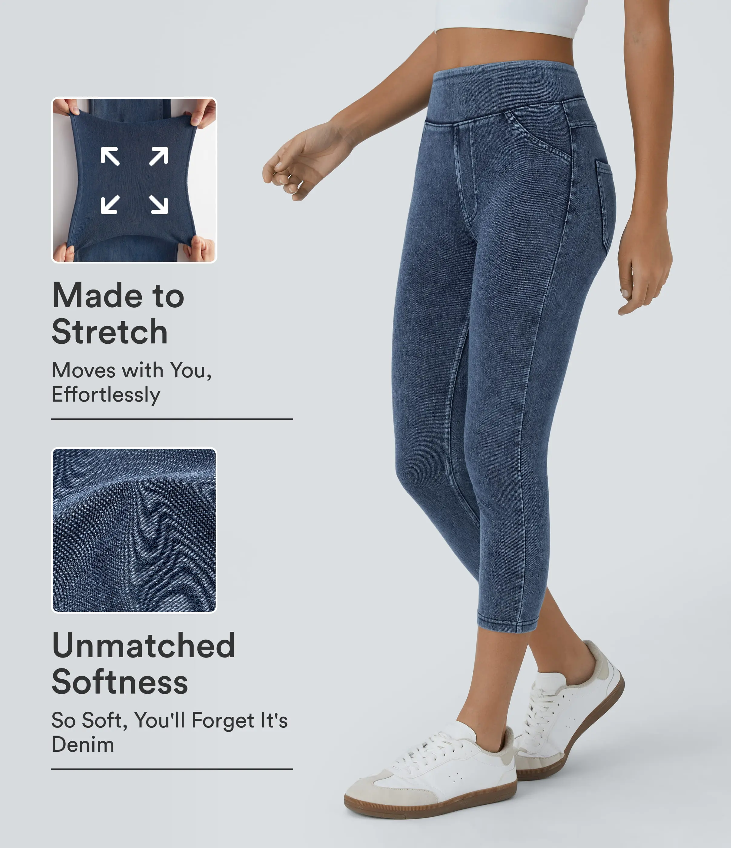 Halara Flex High Waisted Back Side Pocket Stretchy Knit Denim Capri Casual Leggings #BackToSchool
