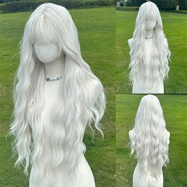 SMILCO/ 28-inch White/Pink Long Wavy with Bangs Synthetic Wig For Halloween/Cosplay/SM517