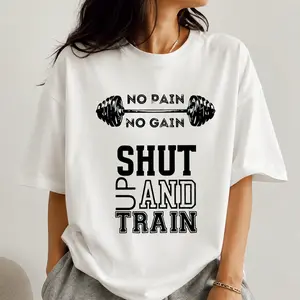 100% Cotton No Pain No Gain Gym Motivational Tee, Shut Up And Train Fitness Graphic Shirt, Casual Workout Active Top For Gym Enthusiasts Daily Sport Wear