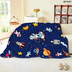Space - themed Printed Throw Blanket, Single - sided Printed, Multiple Specifications Available, Soft Comfortable for Nap/Indoor Use, Whimsical Astronaut Rocket UFO Design, Ideal for Relaxing & Decorating