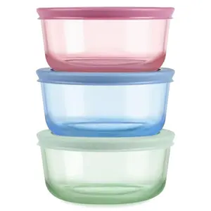 Pyrex Colors (3-Pack, Medium) Tinted Glass Round Food Storage Container Set, Snug Fit Non-Toxic Plastic BPA-Free Lids, Freezer Dishwasher Microwave Safe, 2 Cup, 4 Cup & 7 Cup, Blue