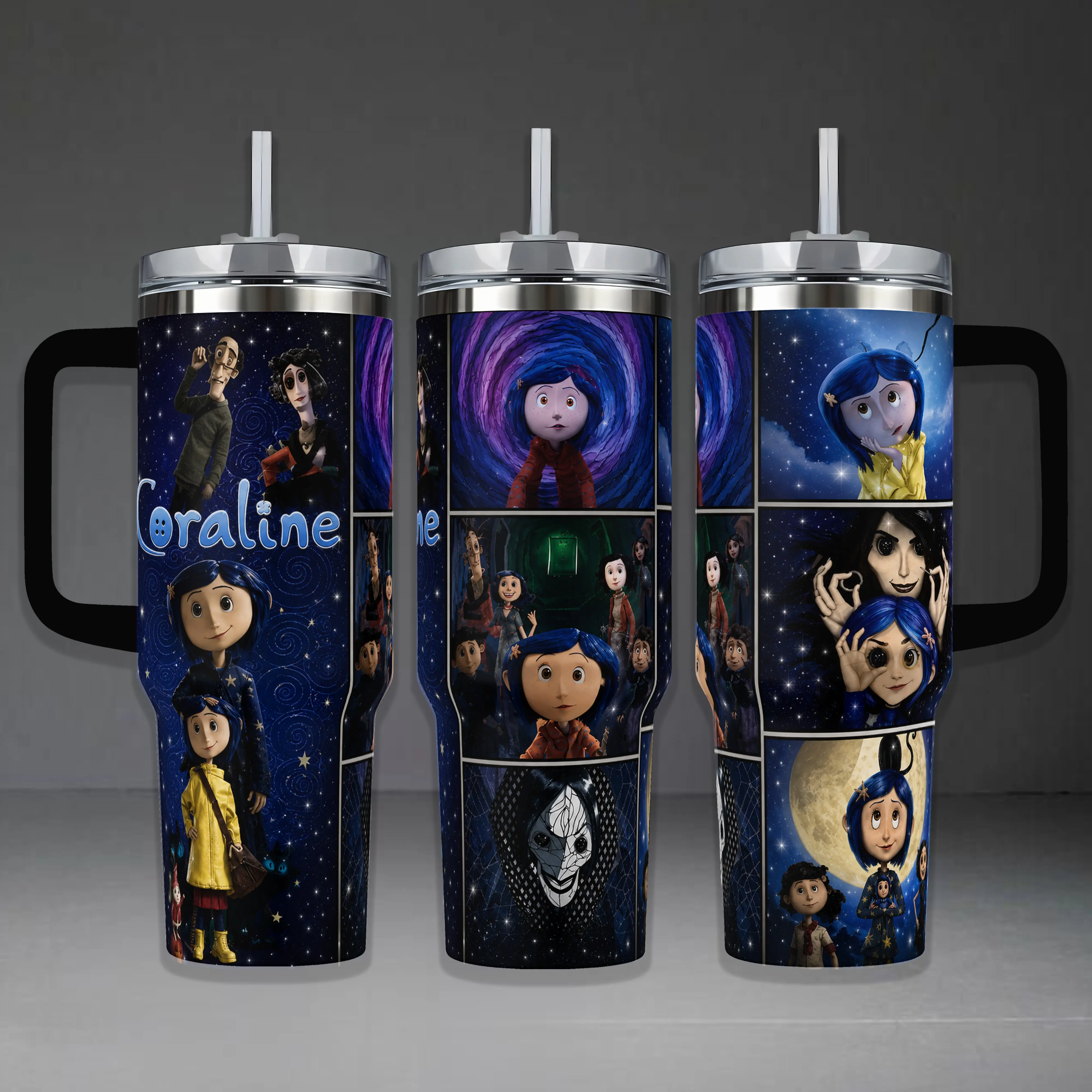 Coraline Movie Collage Tumbler - 40oz Insulated Travel Mug with Handle, Other Mother & Secret Tunnel Graphic, Stop-Motion Animation Fan Gift, Stainless Steel Drinkware with Lid and Straw